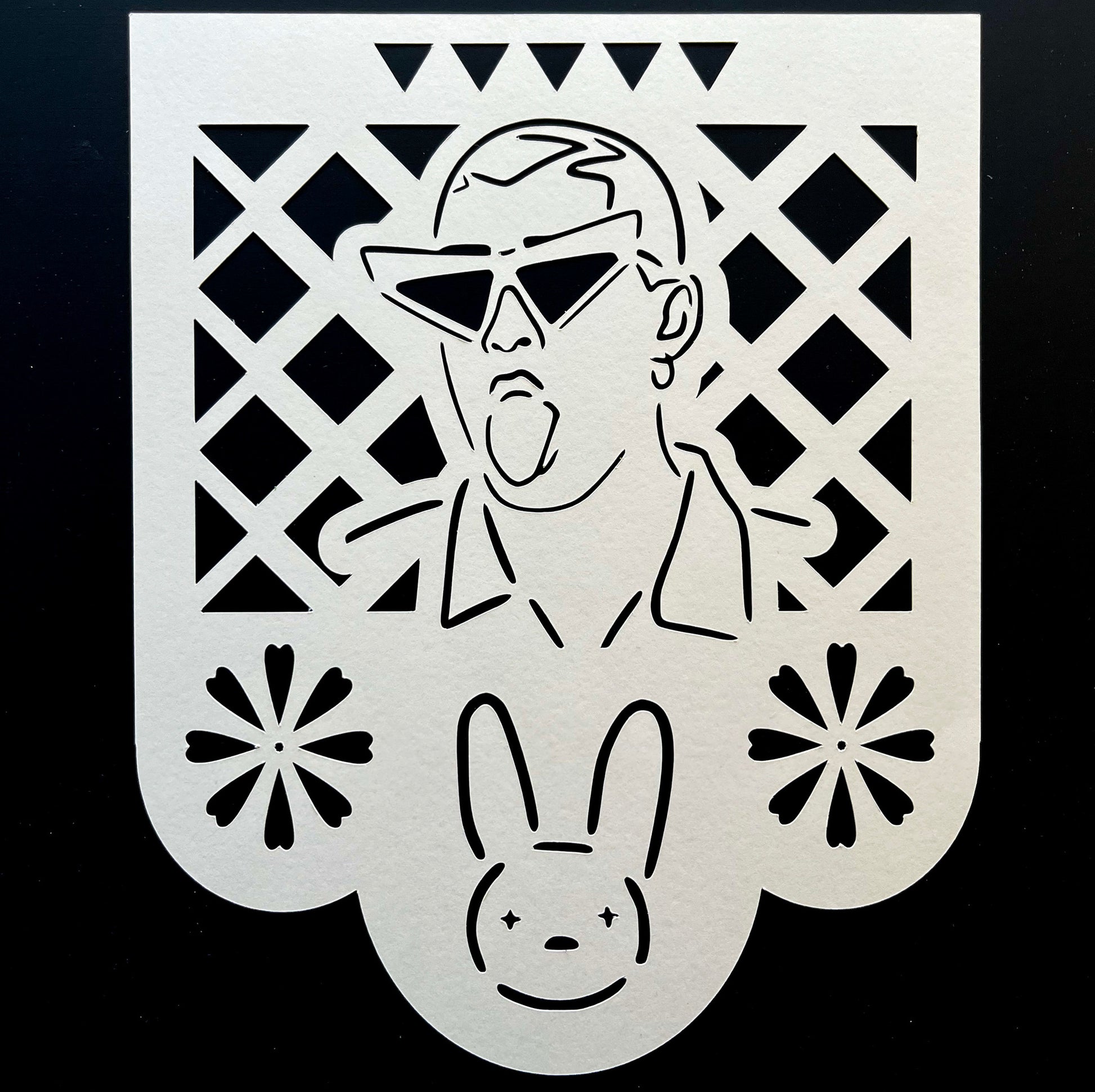 Bad Bunny papel picado banner. Bad Bunny logo on the bottom. 